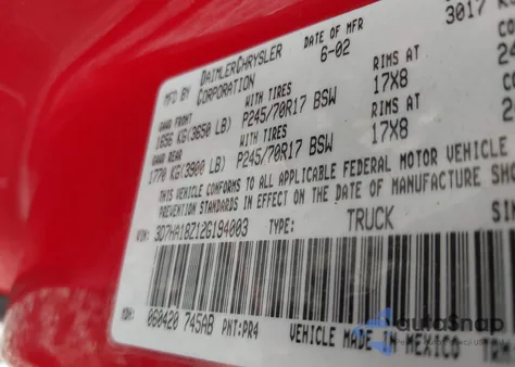 2002 Dodge Ram 1500 St from USA, damaged, VIN 3D7HA18Z12G194003